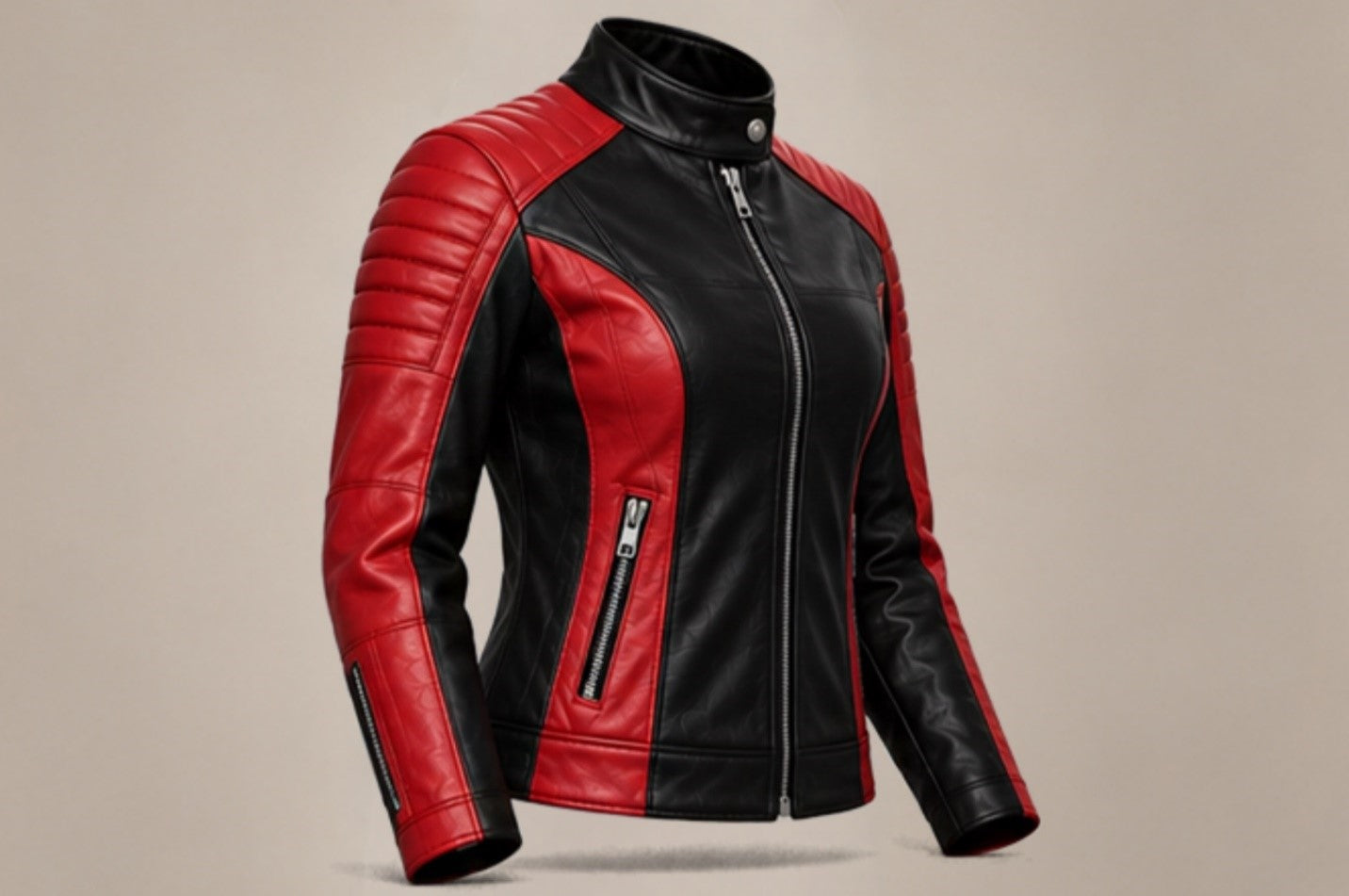 Women’s red and black leather biker jacket left side views