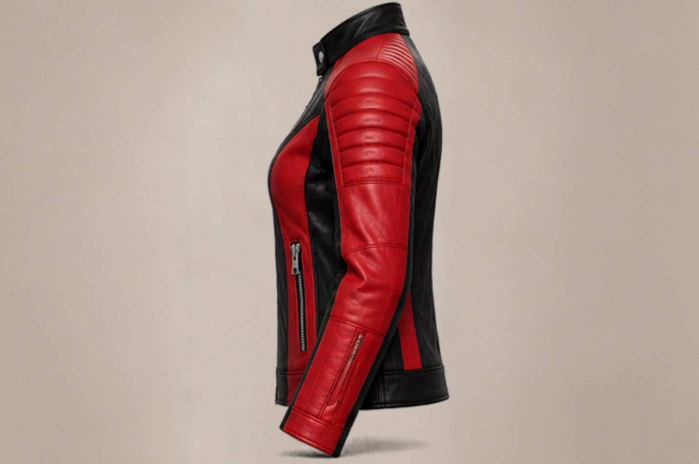 Women’s red and black leather biker jacket right side views