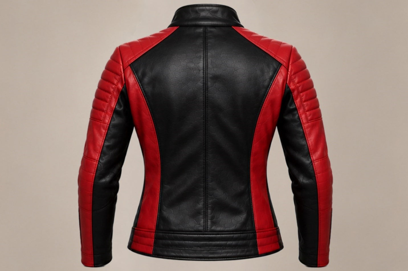 Women’s red and black quilted leather biker jacket back views