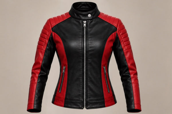 Women’s red and black quilted leather biker jacket front views