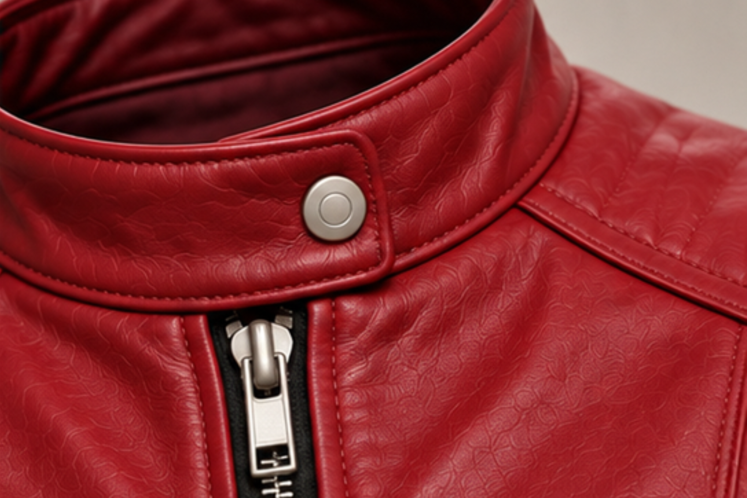 Women’s red leather biker jacket collar and zipper details